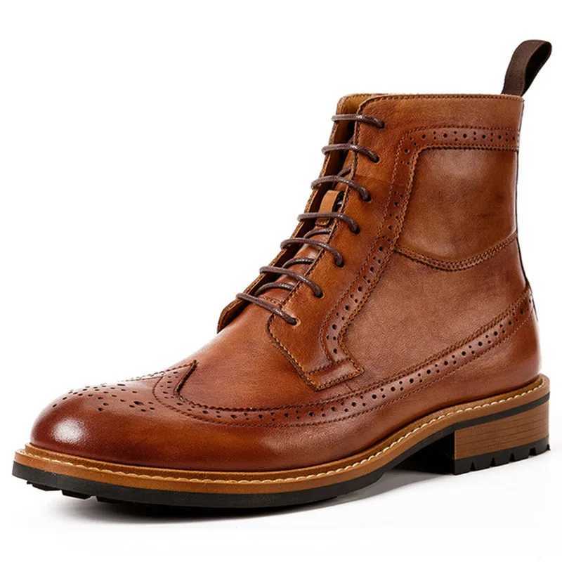 Handmade Men Chelsea Boots Winter Brogue Shoes Luxury Genuine Leather Comfortable Ankle Flat Quality Brown Lace up Male Boots Z250303