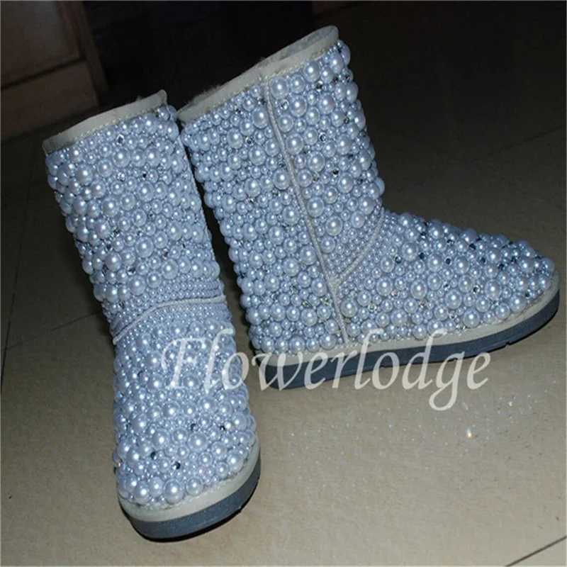 Luxury custom all-pearl rhine-diamond mid-tube fur one snow boots heavy industry womens large size leisure cotton shoes 35-44 Z250303