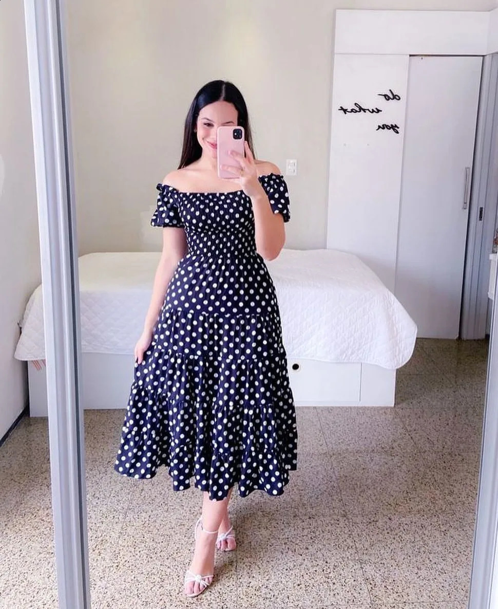 Elegant Womens Off Shoulder Midi Dress Summer Fashion Dress High Waist Flower Printed Short Sleeve Dress Robe Clothing 250226