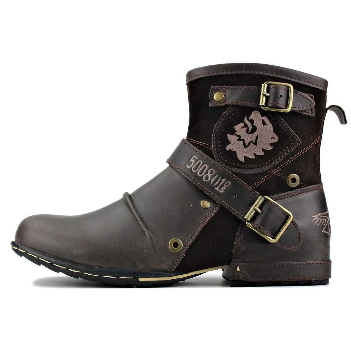 Mens Boots Luxury Handmade Men Ankle Boots Metal Buckle Zipper Motorcycle Boots Outdoor Plus Size Punk Western Cowboy Shoes Z250303