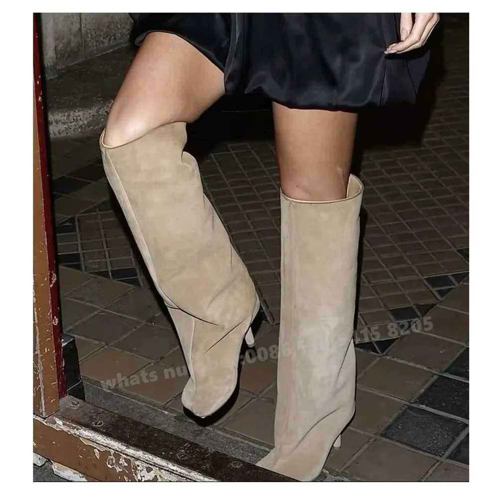 Suede Kitten Heels Knee High Boots Beige Square Toe Slip On Solid Winter Womens Boots Luxury New Designer Casual Shoes Big Size Z250303