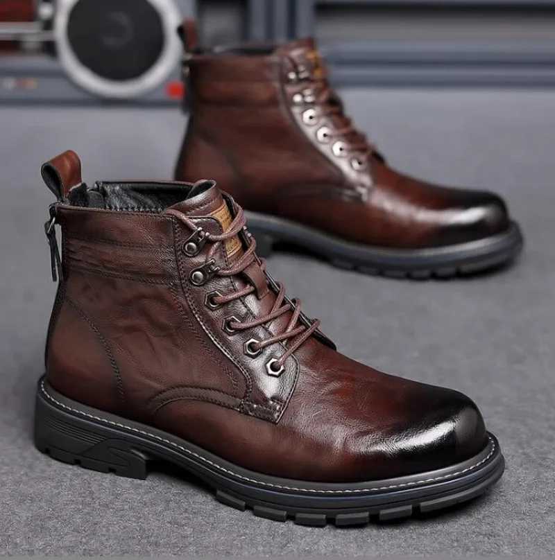 Luxury Quality Designer Vintage Leather Men Snow Boots Business Microfiber leather Men Boots Lace Up Outdoor Motorcycle Boots Z250303