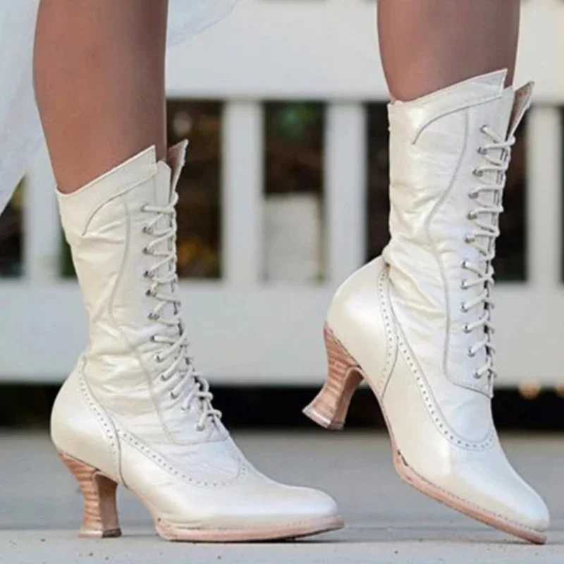 British punk Noble womens shoes knight boots medieval PU leather ankle boots fashionable womens role-playing high heels Botas Mujer Z250303