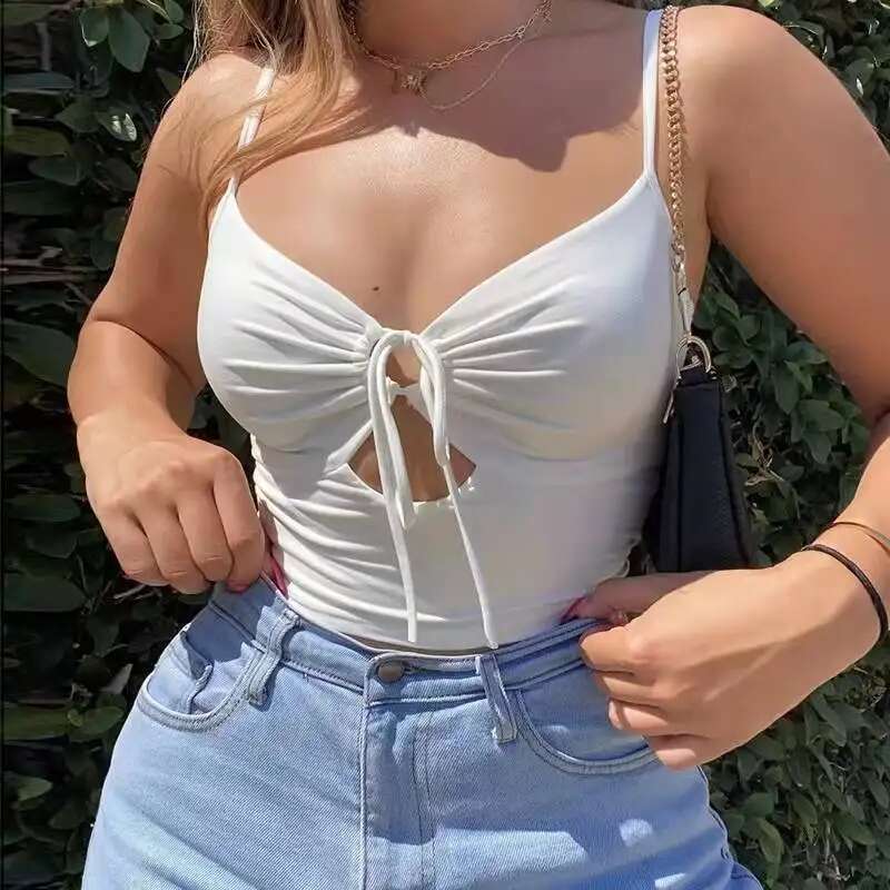 Lace-up Camisole Women Hollow Out Crop Summer New Thin Sexy Backless Spaghetti Strap Vest V-Neck Tanks Top Y2k Sleeveless