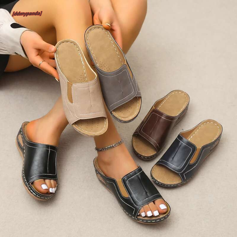 Summer Lightweight Non Slip Slippers Women's Retro Fashion Slope Heel Female Leather Comfortable Wear-Resisting Open Toe Sandals #ddmypanda