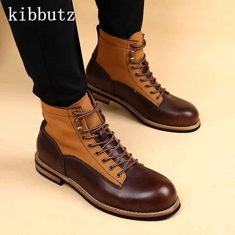 Autumn New British Men Hort Boots Leather Fabric Splicing Lace Up Back Zipper Ankle Boots Vintage Tooling Motorcycle Boots Z250303