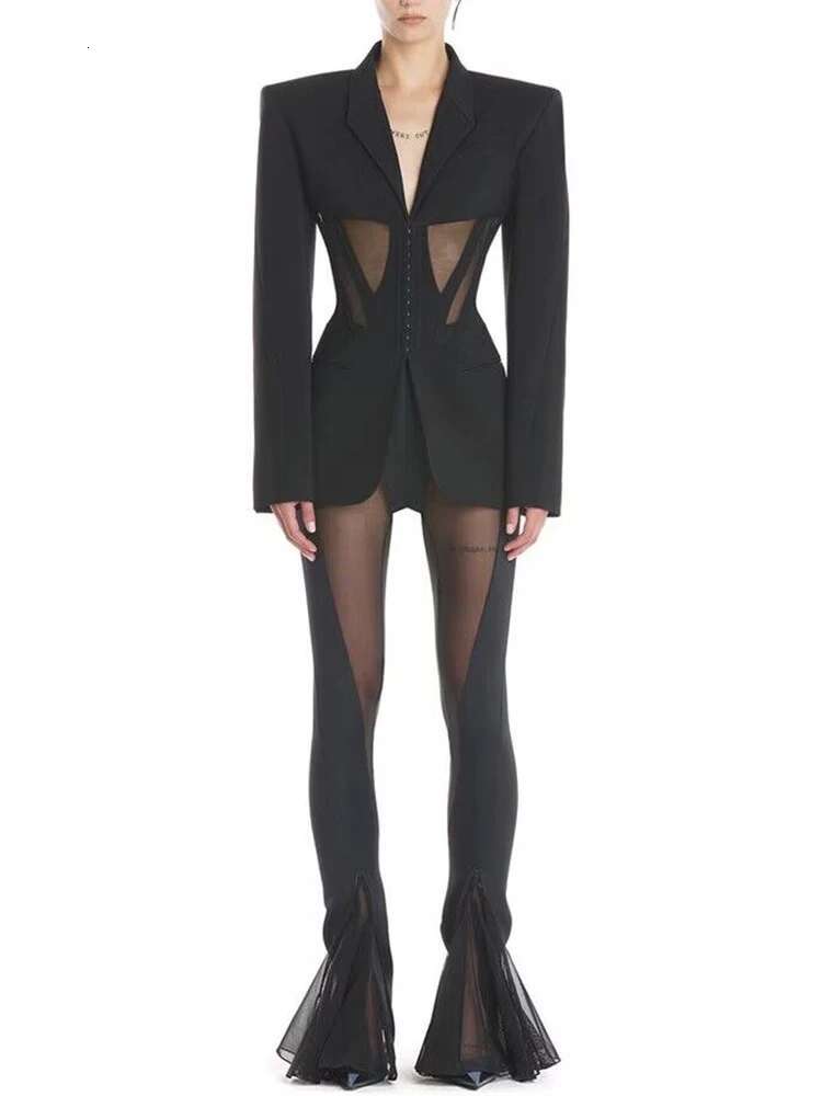 HIGH STREET Newest 2024 Designer Runway Suit Set Women's Perspective Gauze Patchwork Blazer Pencil Pants