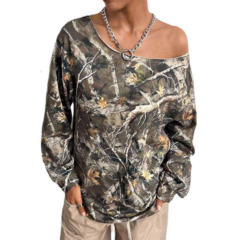 Autumn camouflage sloping collar loose long sleeved maple leaf print trendy fashion versatile top women's clothing