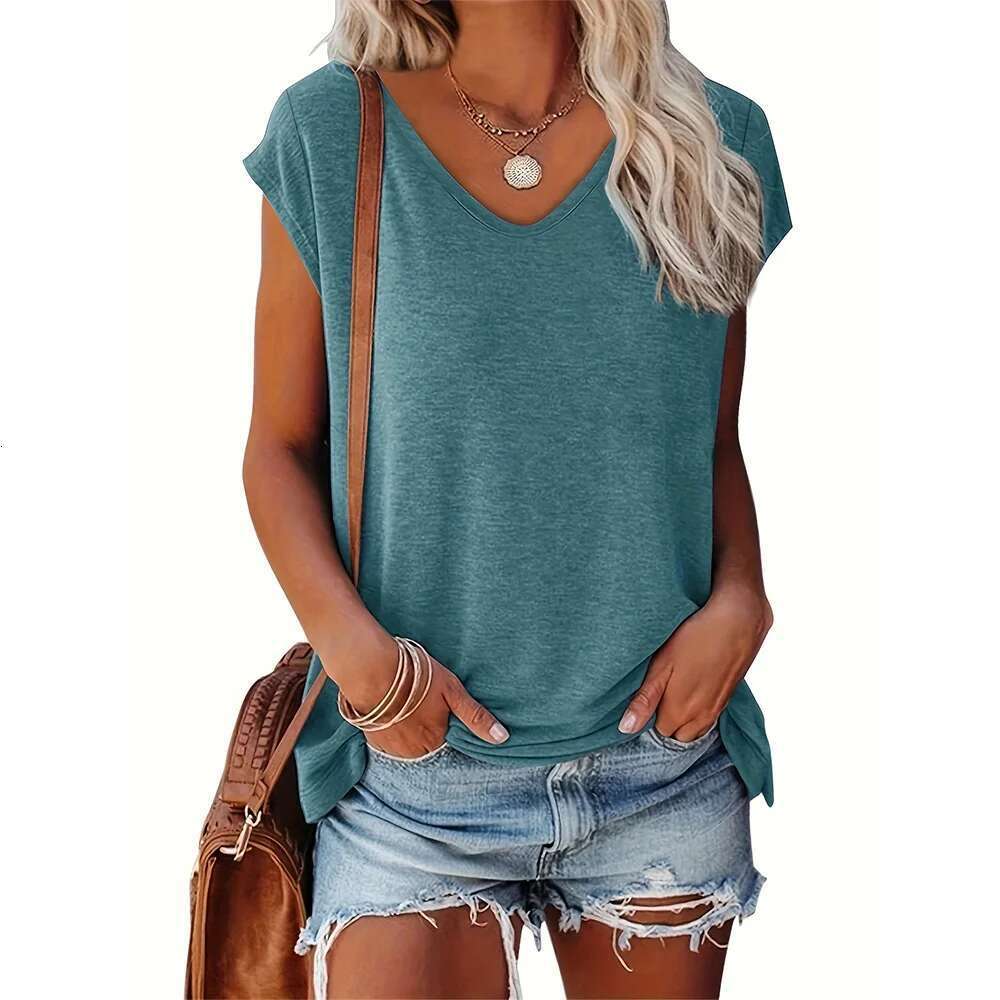 Women Solid Summer Color Loose Plus Size Short Sleeve Beach Party Tank Top Fashion V-neck T-shirt Women's Clothing 's