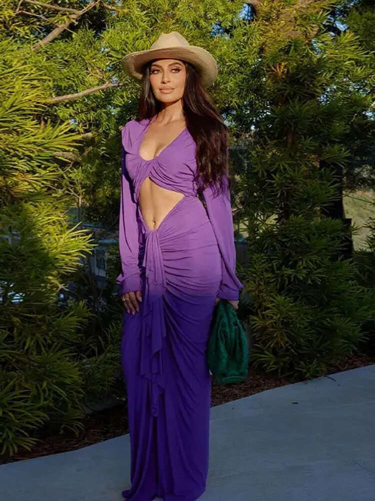 Purple Hollow Out Slim Maxi Dress Women Elegant Deep V Neck Cross Pleated Full Sleeve Long Dresses 2024 Fashion Lady Party Robes