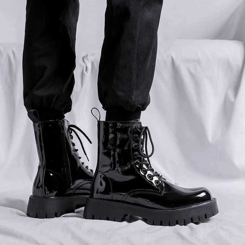 men luxury fashion patent leather boots black tide platform shoes party nightclub high top motorcycle boot cool knight mens boots Z250303