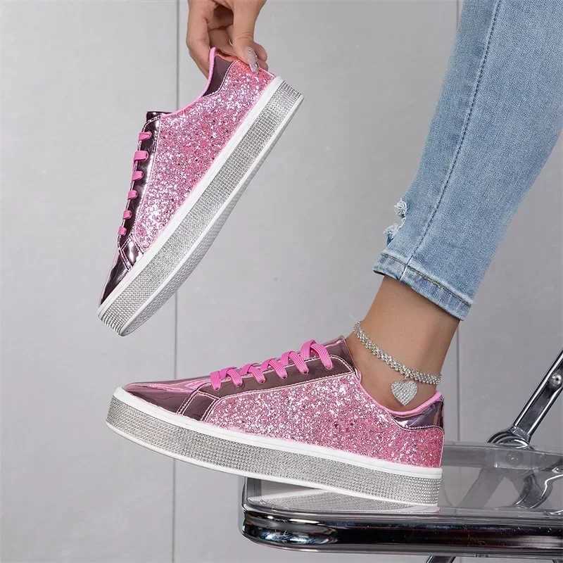 Sequin Pink Leather Tennis Glitter Slip on Casual Sneaker Women Spring Autumn Comfort Lace-up Flat Gold Womens Shoes M250303