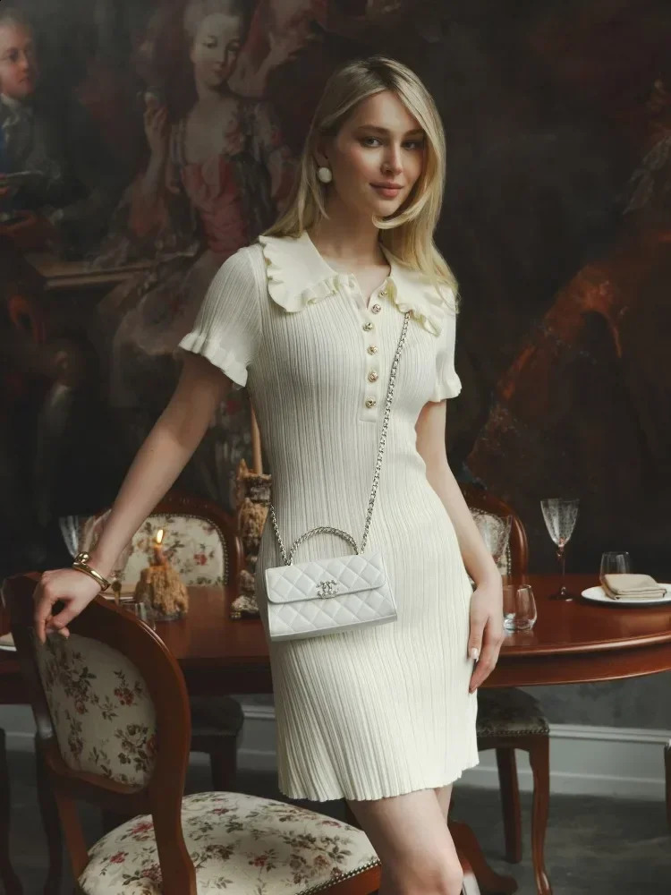 Vintage Ruffles Knit Mini Dres Summer Short Sleeve Slim Elegant Dress Ladies Buttoned Holidays Party Dresses 2024 250227Z