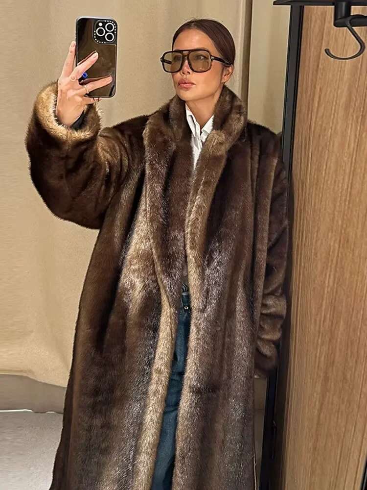 Dark Brown Faux Fur Overcoat Women Elegant Fashion Long Sleeves Oversized Jacket New Winter Chic Thick Warm High Streetwear