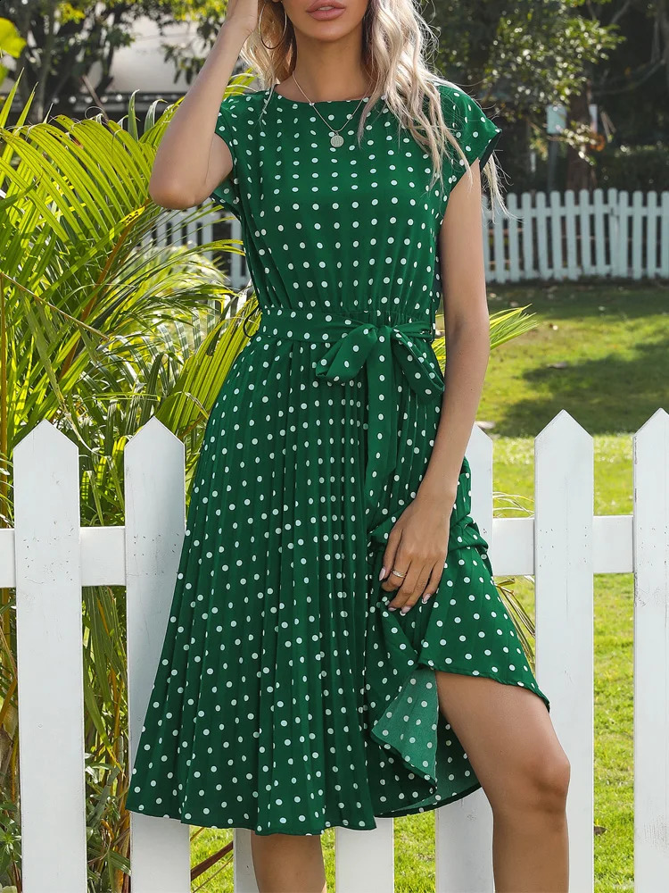 Benuynffy ONeck Polka Dot Summer Dresses Cap Sleeve Women Knee Length Shirred Elegant Office Lady Belted ALine Dress 250228