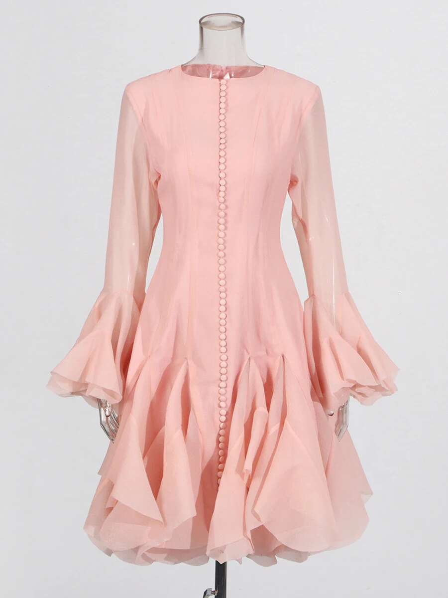 TWOTWINSTYLE Pink Patchwork Ruffle For Women Round Neck Flare Sleeve High Wait Slim Elegant Midi 107Cm Dress Female 2025