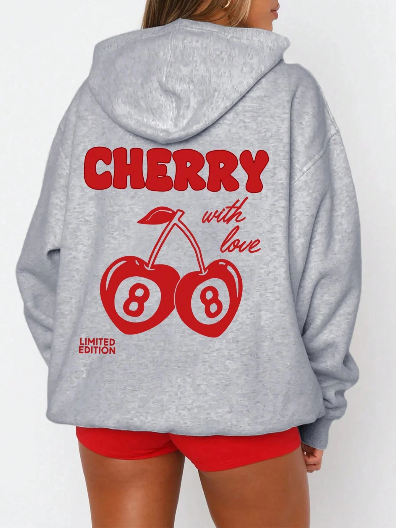 Cherry Print LongSleeved Sweater Women Spring Autumn Drawstring Hoodie Casual Vintage Ladies Basic Wear Hooded Tracksuit Tops 250303