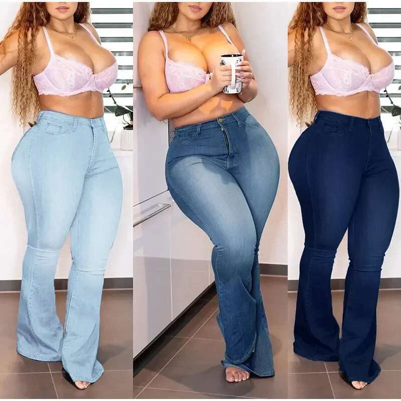 Plus Size White Blue Stretchy Flare Jean Women 5Xl High Waist Wide Leg Vintage Bell Bottom Denim Pants Mom Indie Stacked Jeans
