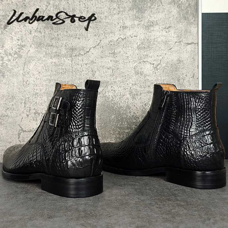Luxury Men Ankle Boots Shoes Black Crocodile Printed Zipper Chelsea Double Buckle Genuine Leather Dress Men Boots Z250303