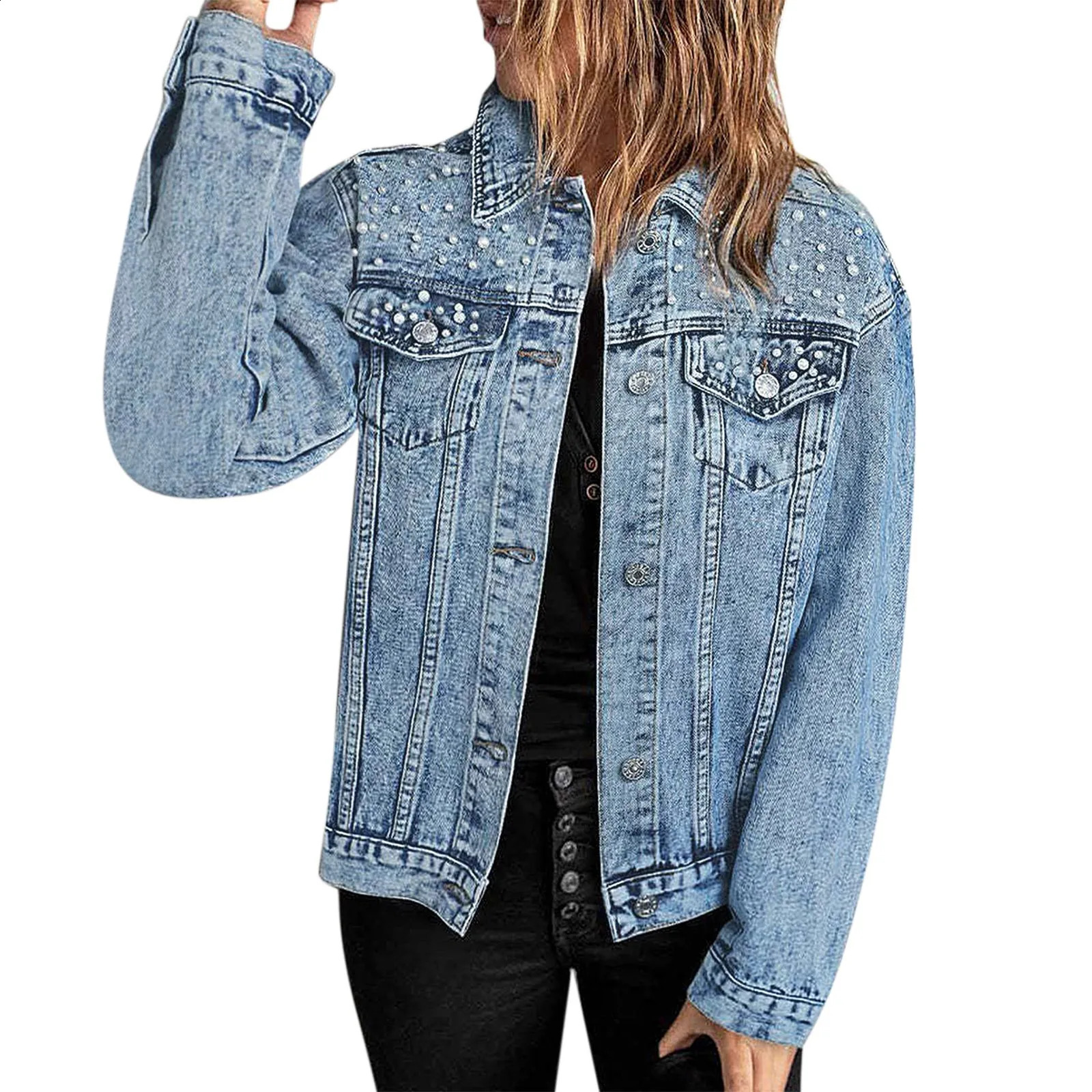 Womens Pearls Denim Jackets Autumn Beaded Casual ed Jean Coat for Women Outerwear Lapel Short Casaco 250228