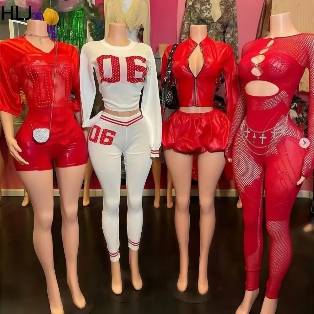 HLJ Y2k Sexy Red Mesh Patchwork 2 Piece Set Woman Outfit See Through V Neck Top Leather Shorts Suit Female Streetwear 250228