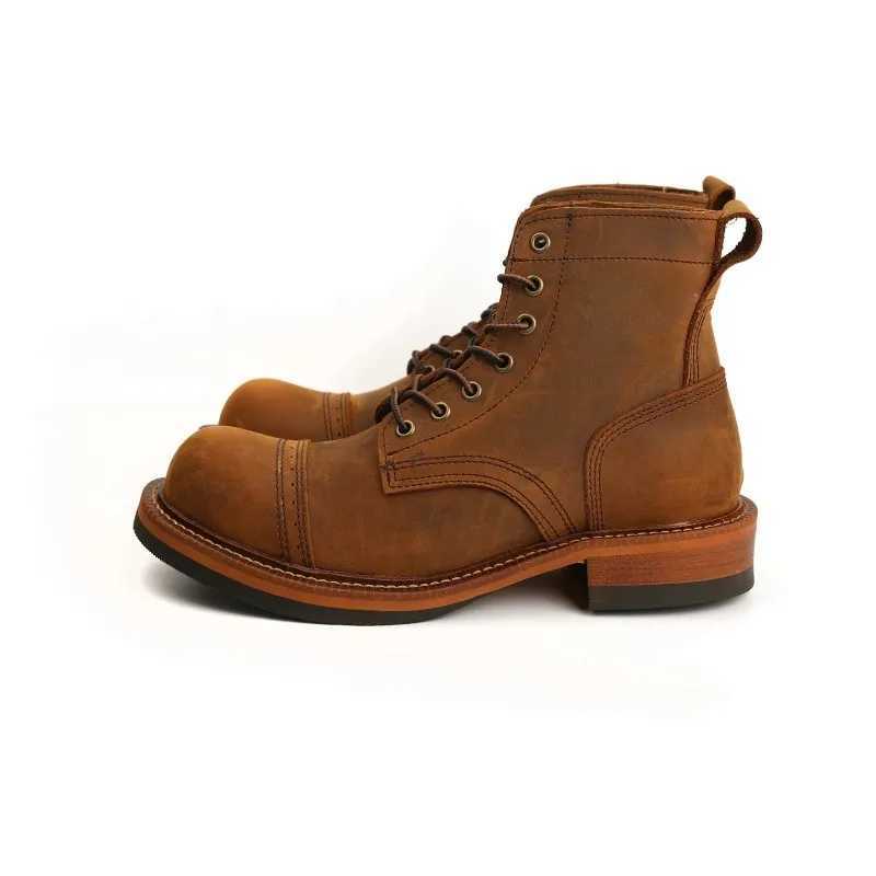 New Japanese Vintage Designer Handmade Tooling Men Casual Shoes Cow Leather Round Toe Wings Ankle Boots Motorcycle Boots Winter Z250303