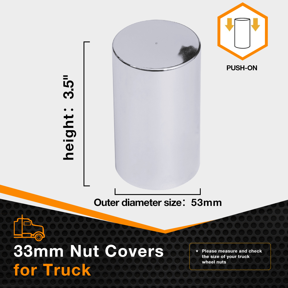 33mm by 3-1/2" Thread on Flat Top Cylinder Nut Cover Caps ABS Chrome Plastic Anti-Rust Screw-on Lug Nut Covers for Semi Trucks