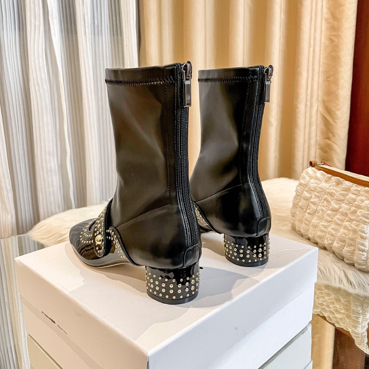 2024 Autumn/Winter New Rivet Belt Buckle Women's Fashionable And Comfortable Soft Leather Zipper Square Head Coarse Heel Boots For Children