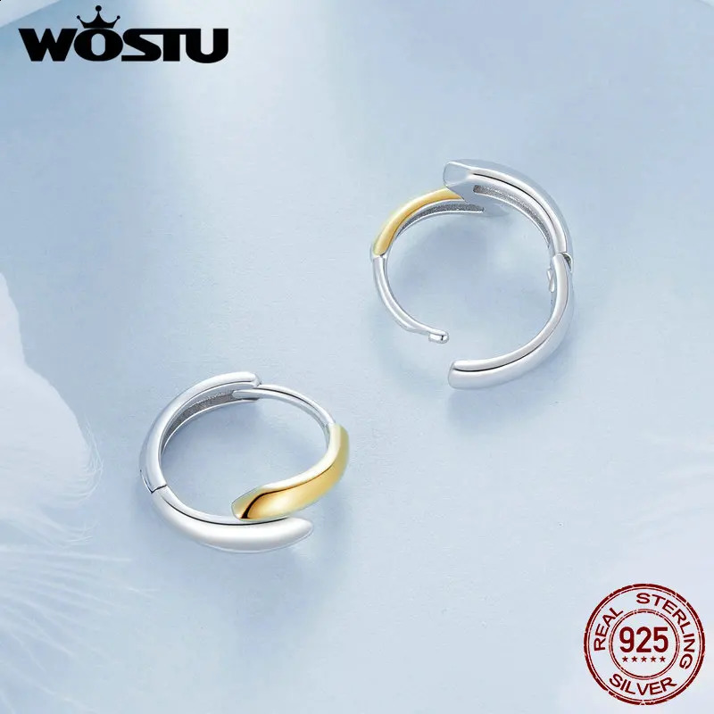 WOSTU 925 Sterling Silver Simple Two tone Hoop Earrings For Women Yellow Gold Geometry Ear Burckles Wedding Engagement Pendant 250228