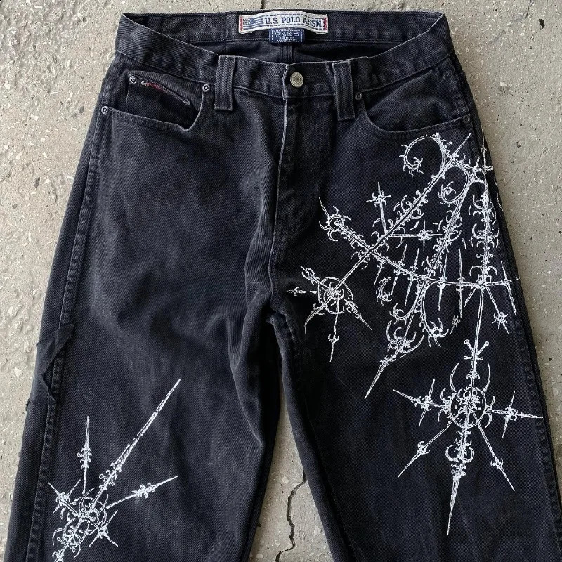 Gothic Baggy Jeans Y2K Style High Quality Retro Leisure Hip Hop Harajuku Streetwear Men Women Pattern High Waisted Trousers 250228