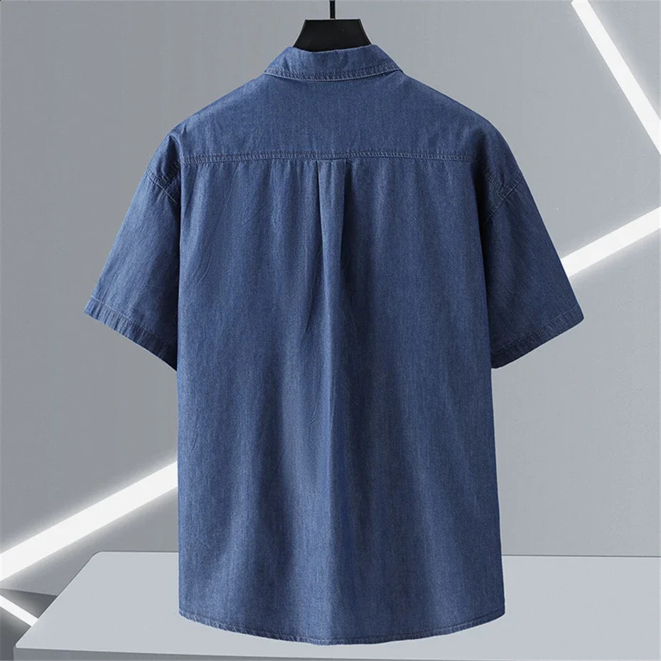 2024 in Men Shirt Button Down Stand Collar Short Sleeve Denim Summer Classic Cotton Jean Top Male Large Size 10XL Blue 250226