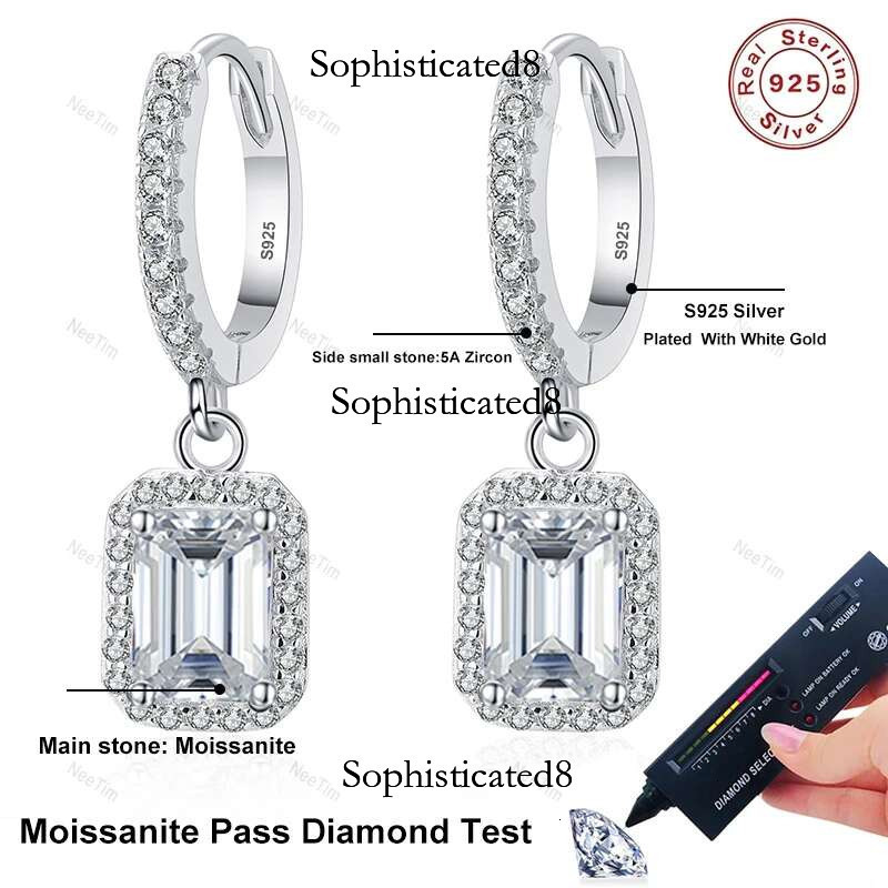 NeeTim 1ct 2ct Moissanite Earrings for Women Sier with Gold Plated Lab Dia Radiant Emerald Cut Sparkg Drop Earring