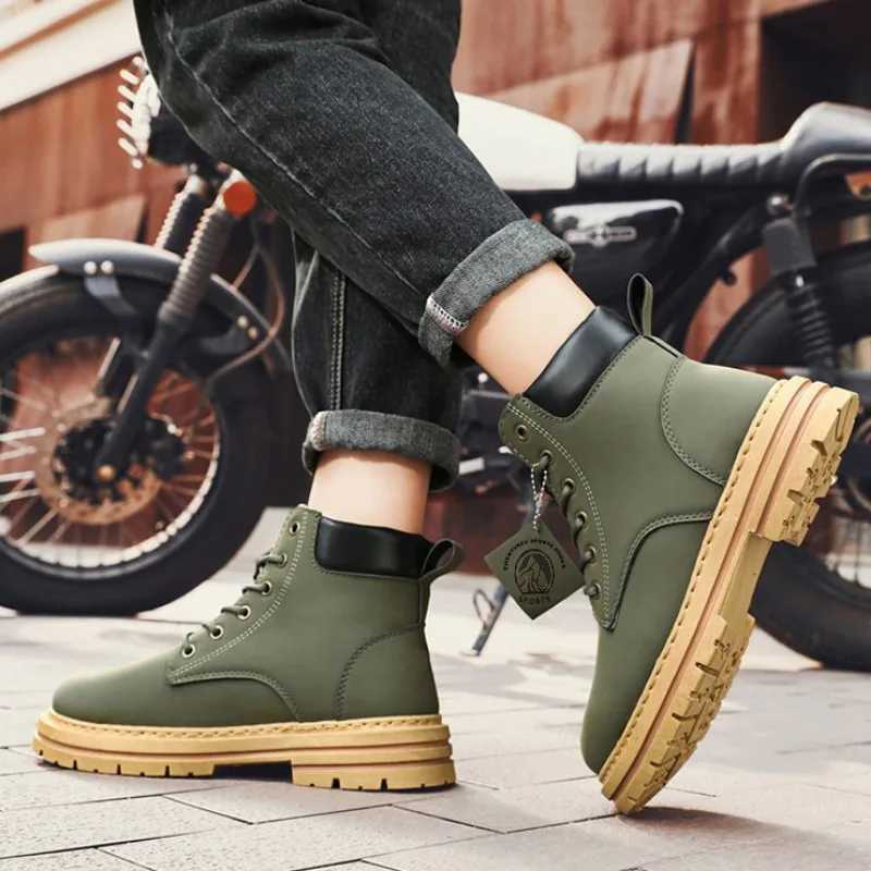 Fashion Men High Top Ankle Boots Spring Winter Comfortable Warm Platform Leather Shoes Motorcycle Lace-up Men Shoes Mens Boots Z250303