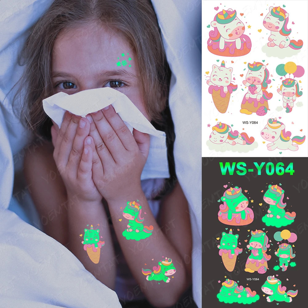 Childrens luminous tattoo stickers unicorn stars temporary waterproof tattoos body art childrens Halloween cartoon 250219