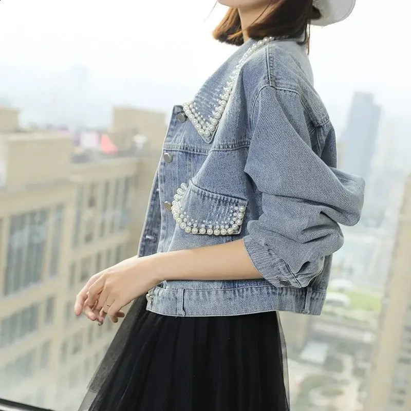 Trendy LooseFit Denim Jacket For Women Spring Autumn Style Korean Version Petite Cropped Pearl Clip 250228