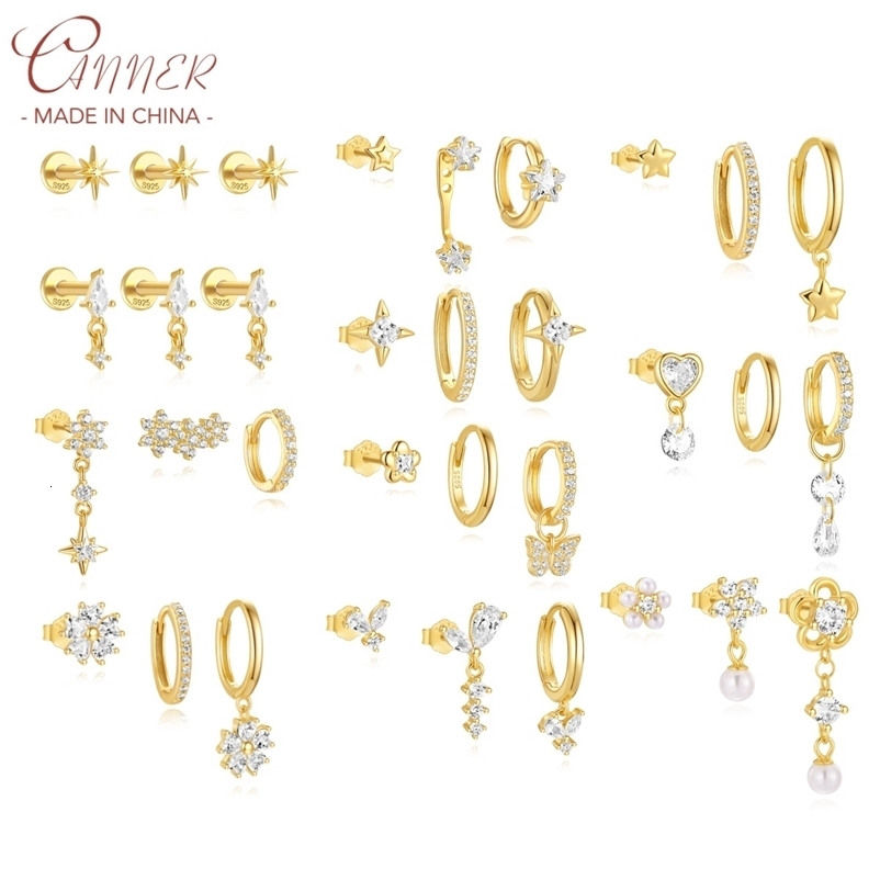 CANNER 3pc 925 Silver Exquisite Diamond Flat Thread Earrings Set For Women 18K Gold Eight Pointed Star Jewelry 250228
