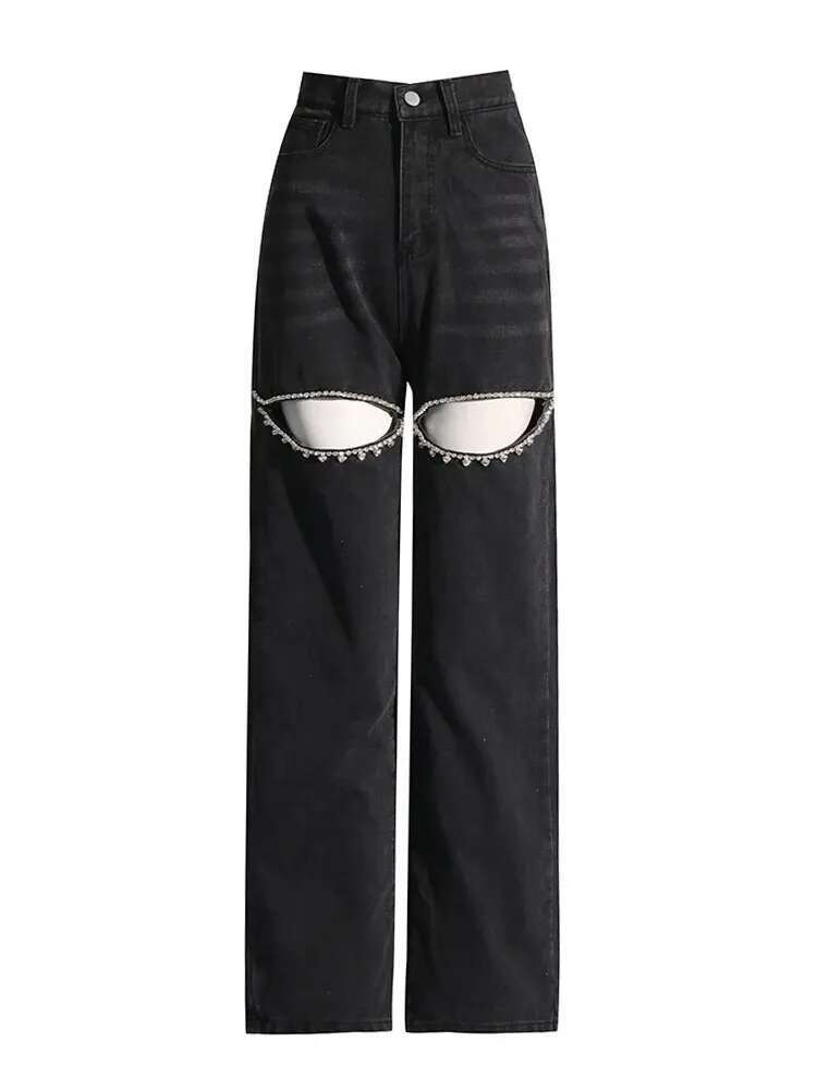 TWOTWINSTYLE Solid Patchwork Dias Denim Pants For Women High Waist Hollow Out Designer Wide Leg Jeans Female Fashion
