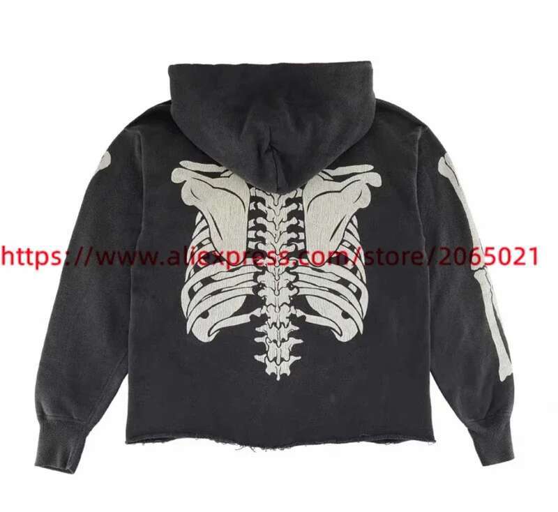 Washed SAINT Hoodie Men Women Skeleton Rib Cracking Printing Pullover