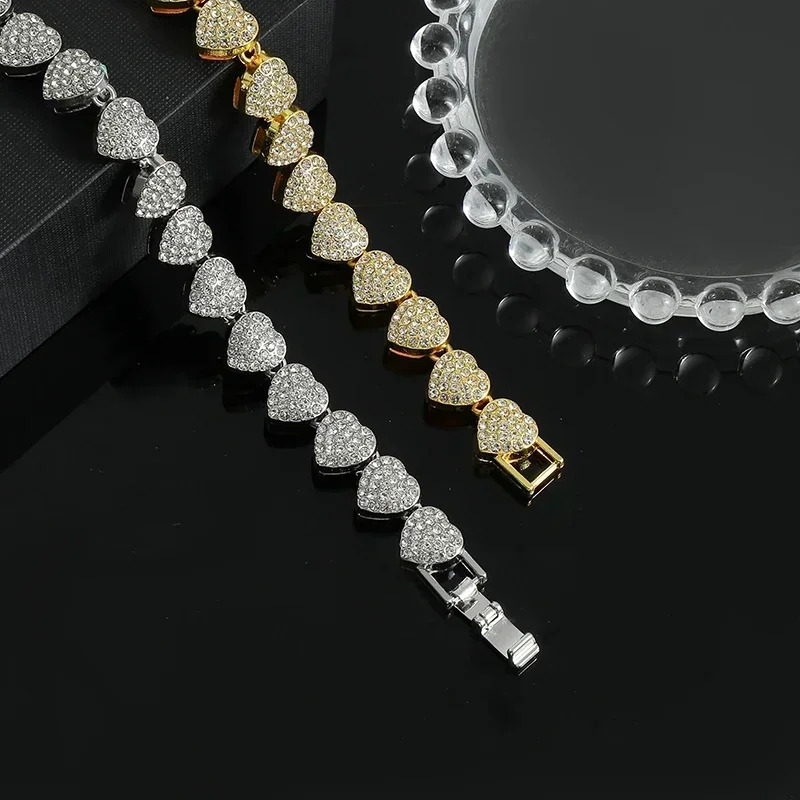 Hip Hop Heart Shape Cubin Chain Gold Plated Necklace For Full Crystal Stone Iced Out Men Jewelry