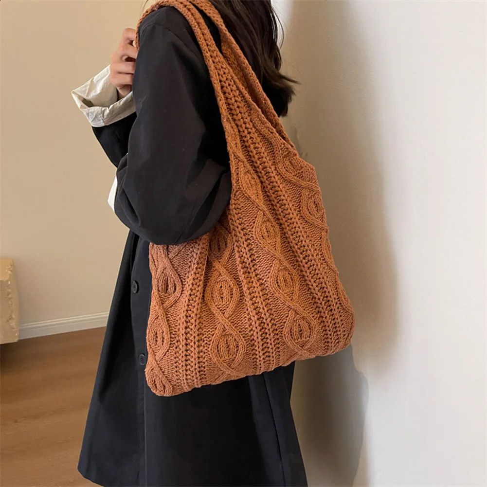 Ship from US Wool Knitted Shoulder Bag Womens Retro Cotton Handbag Shopping 250303FBB
