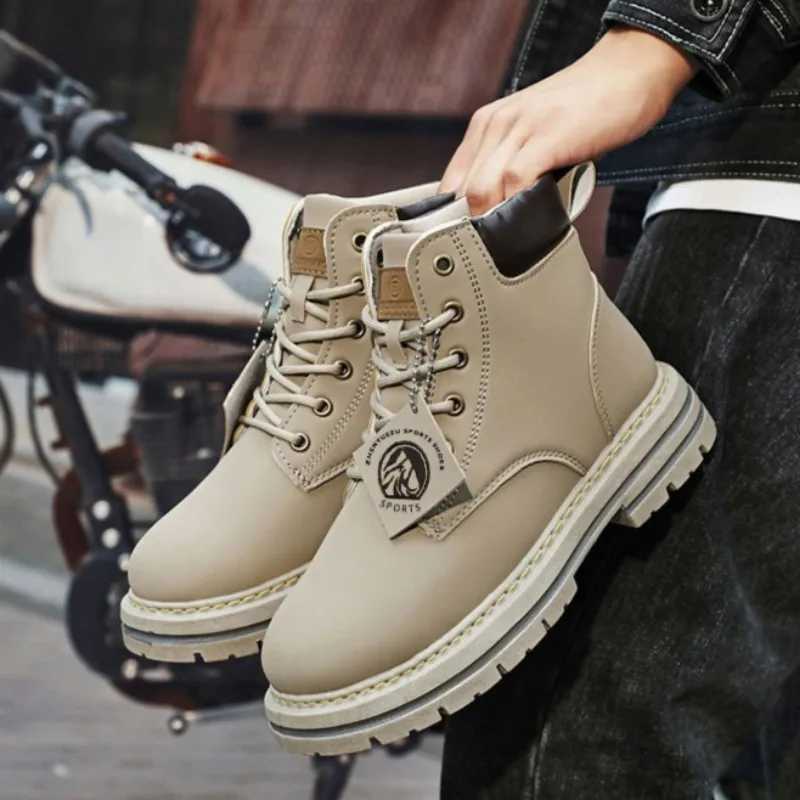 Fashion Men High Top Ankle Boots Spring Winter Comfortable Warm Platform Leather Shoes Motorcycle Lace-up Men Shoes Mens Boots Z250303