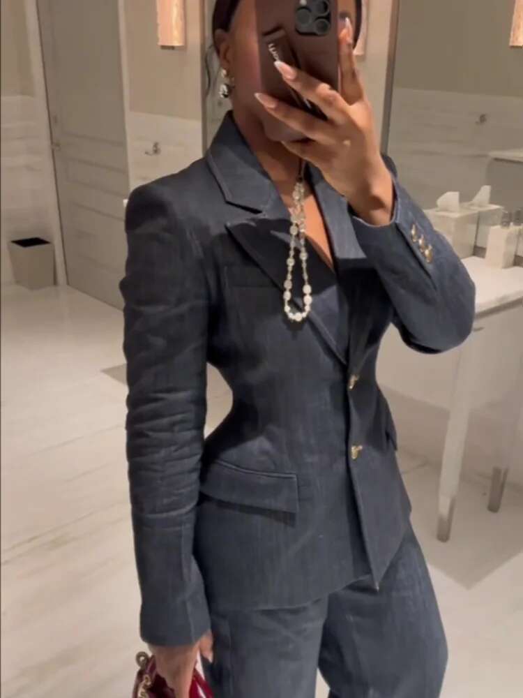 New Spring Denim Suit Long Pants Sets For Women Lapel Blazer Jacket Cropped V-Neck Vest Wide Leg Pant Lady Street 3 Pieces Suits