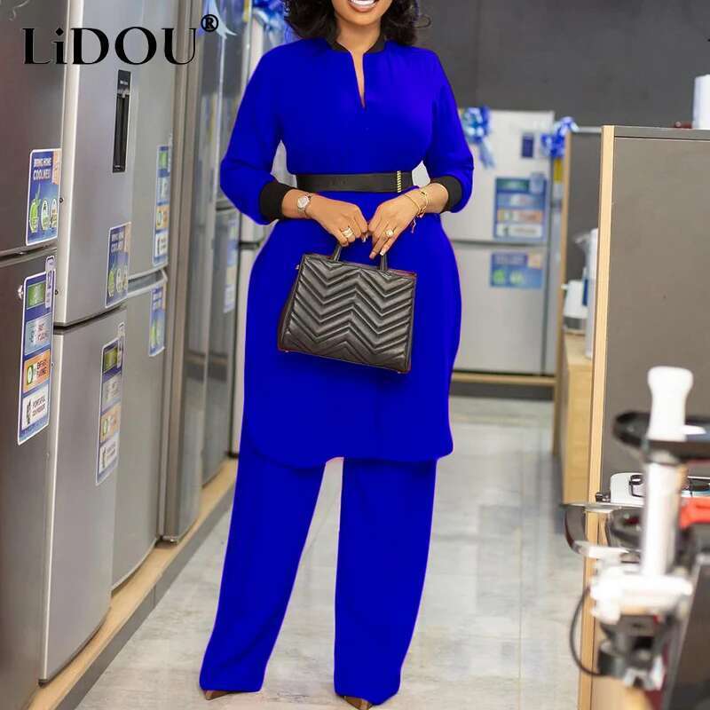 Spring Autumn New Elegant Fashion Plus Size Solid Two-Piece Sets Women Loose Casual Office Lady Wide Leg Pants Oversized Clothes