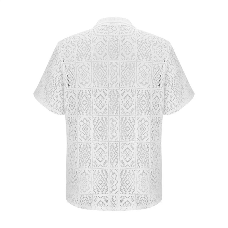 Mens Casual Short Sleeve Button Down Lace Shirts with Lapel Collar Hollow Out Solid Color Loose Fit Tops 250224