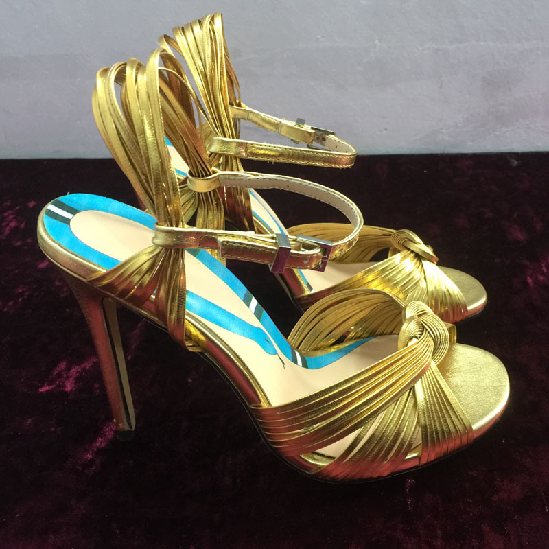Summer New Fashion High Heel Sandals with Gold Braided Strap, Wedding Banquet, Small Heel, Large Fish Mouth Women's Shoes