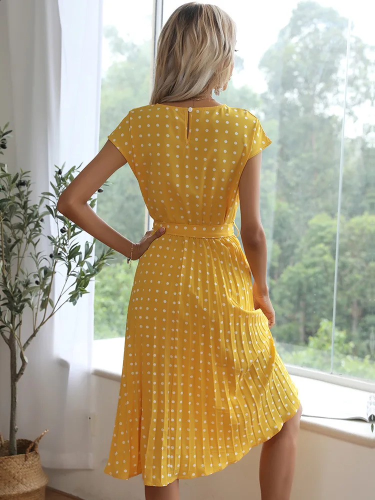 Benuynffy ONeck Polka Dot Summer Dresses Cap Sleeve Women Knee Length Shirred Elegant Office Lady Belted ALine Dress 250228