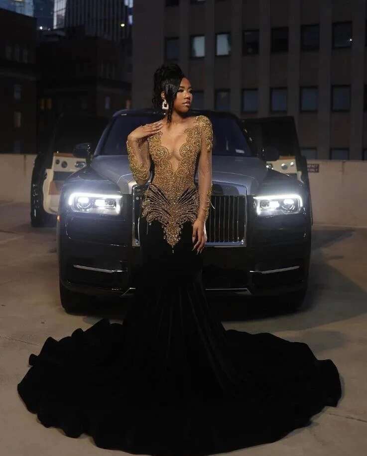 Black Veet Long Sleeve Trumpet Prom Dresses For African Women 2024 With Gold Crystal Beaded Sheer Mesh Birthday Gown vestidos