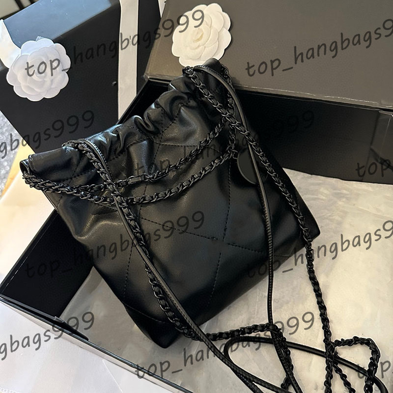 So Black Lambskin Leather 22 Mini Shopping Drawstring Shoulder Bags Metal Hardware Round Leather Strap Crossbody Buckle Handbags With Coin Charm 23CM