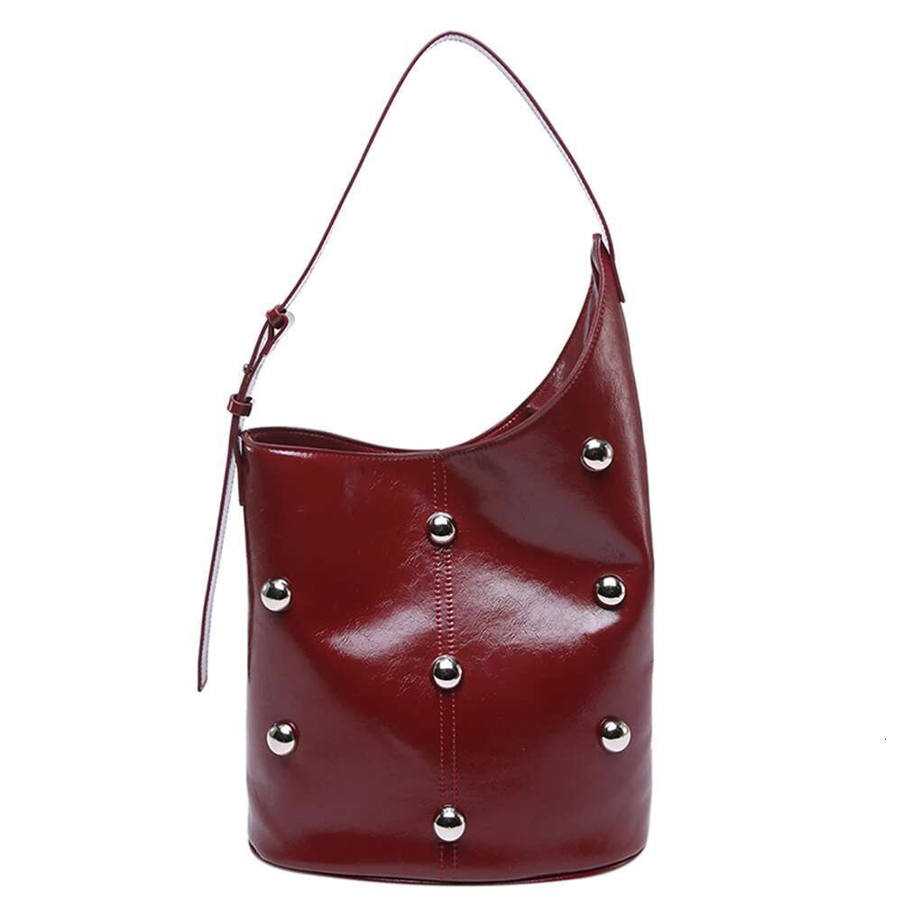 Bucket Women Rivet Studded Underarm PU Leather Inner Pocket Handbag Magnetic Closure Hobo Bag For Work Travel