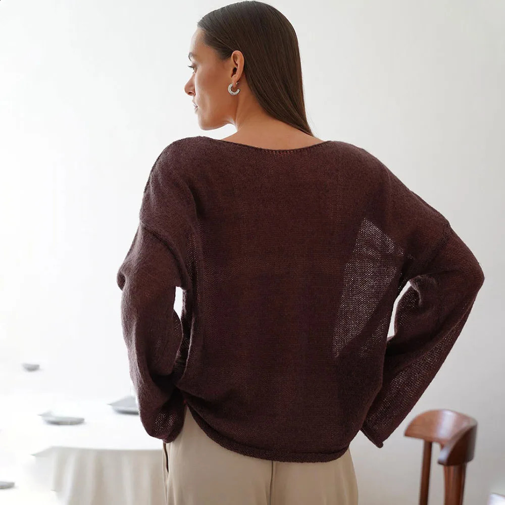 Talenza Hollow Knitted Sweater Pullover Womens Solid Seethrough ONeck Long Sleeve TShirt Loose Casual 2024 250225